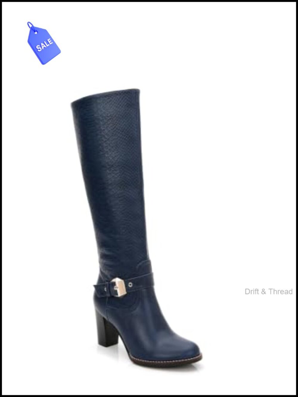Knee High Boots Faux Leather Buckle Strap Stacked Heel Almond Toe